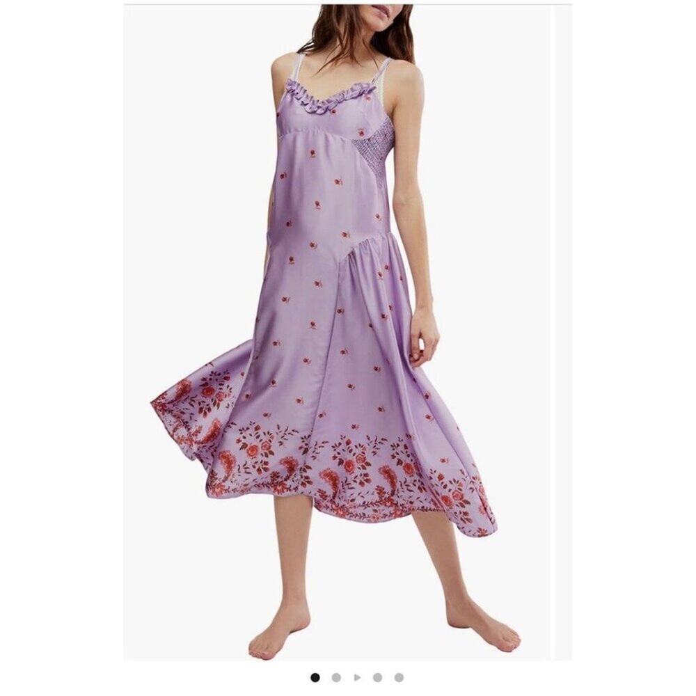 Free People Intimately On My Own Printed Dress Purple Satin Floral Maxi Medium - Picture 2 of 11